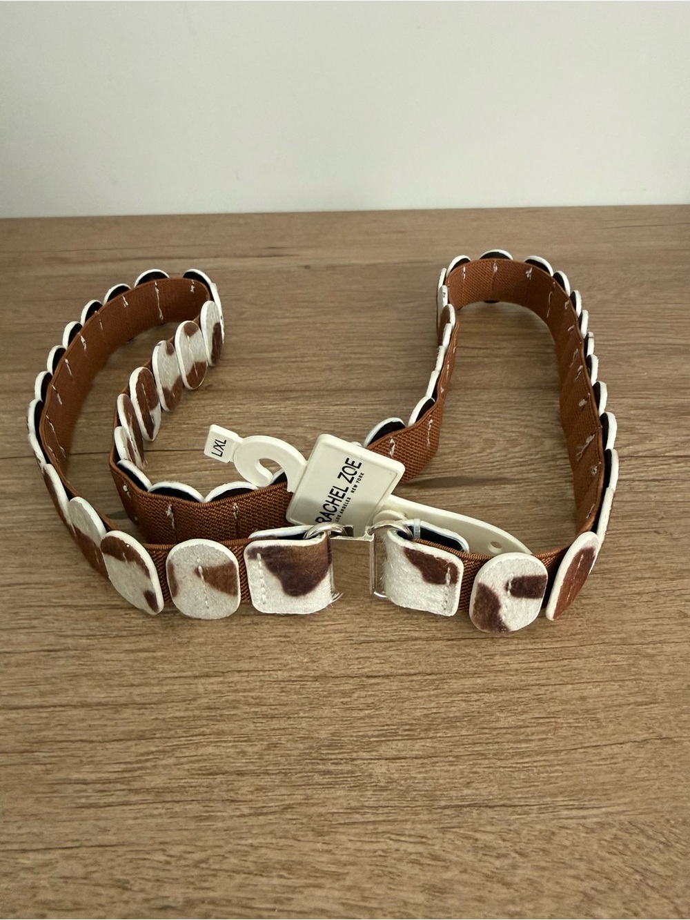 Rachel Zoe Brown and White Cowhide Accent Belt with Silver Buckle. L/XL